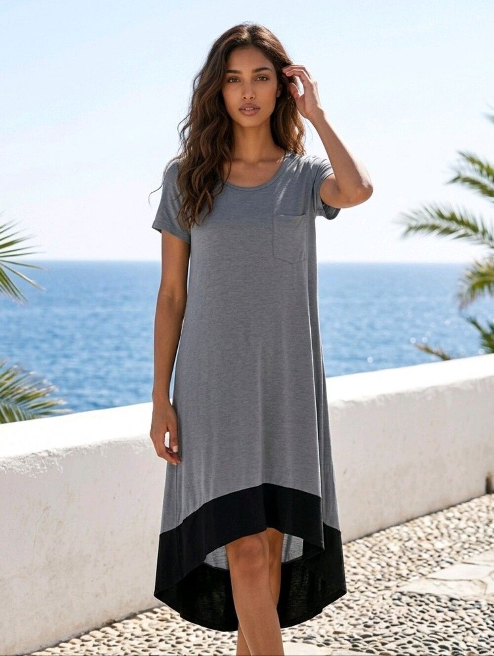 LuLaRoe Carly Dress S Black Gray Waffle Knit High Low Midi Pocket Swing Dress